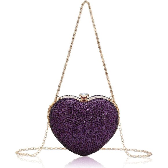 ⚡  Women's Cute Heart Shape Rhinestone Evening Wedding Purple Clutch Handbag - Picture 1 of 6
